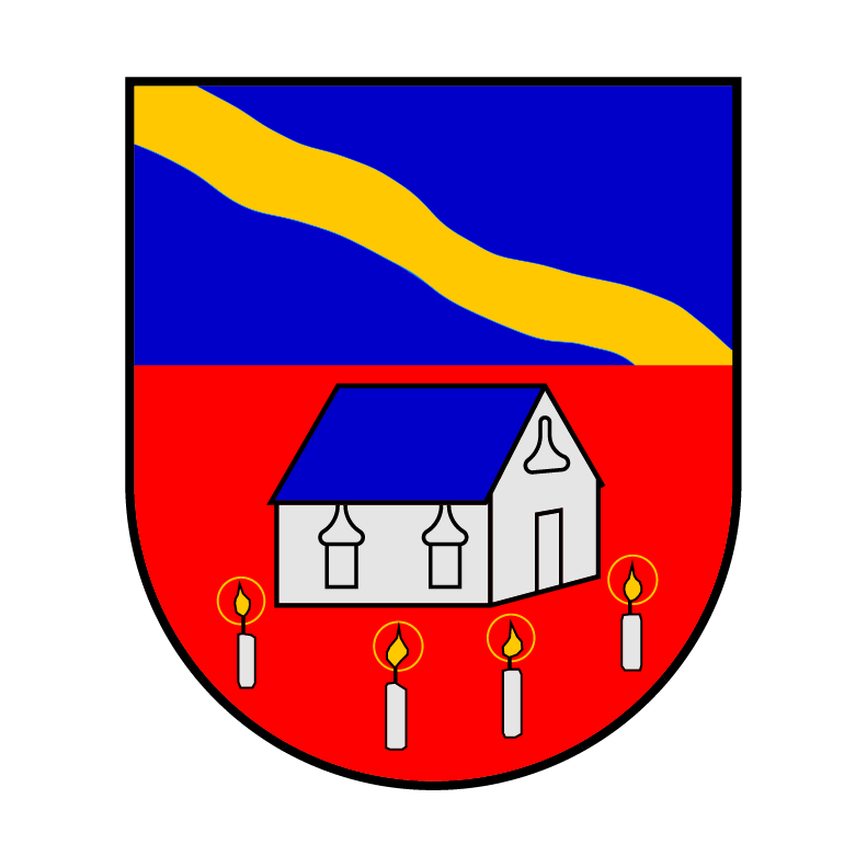 Das Wappen der Gemeinde Löhma zeigt Bach auf blauem Grund und ein Haus, Kerzen auf rotem Grund.