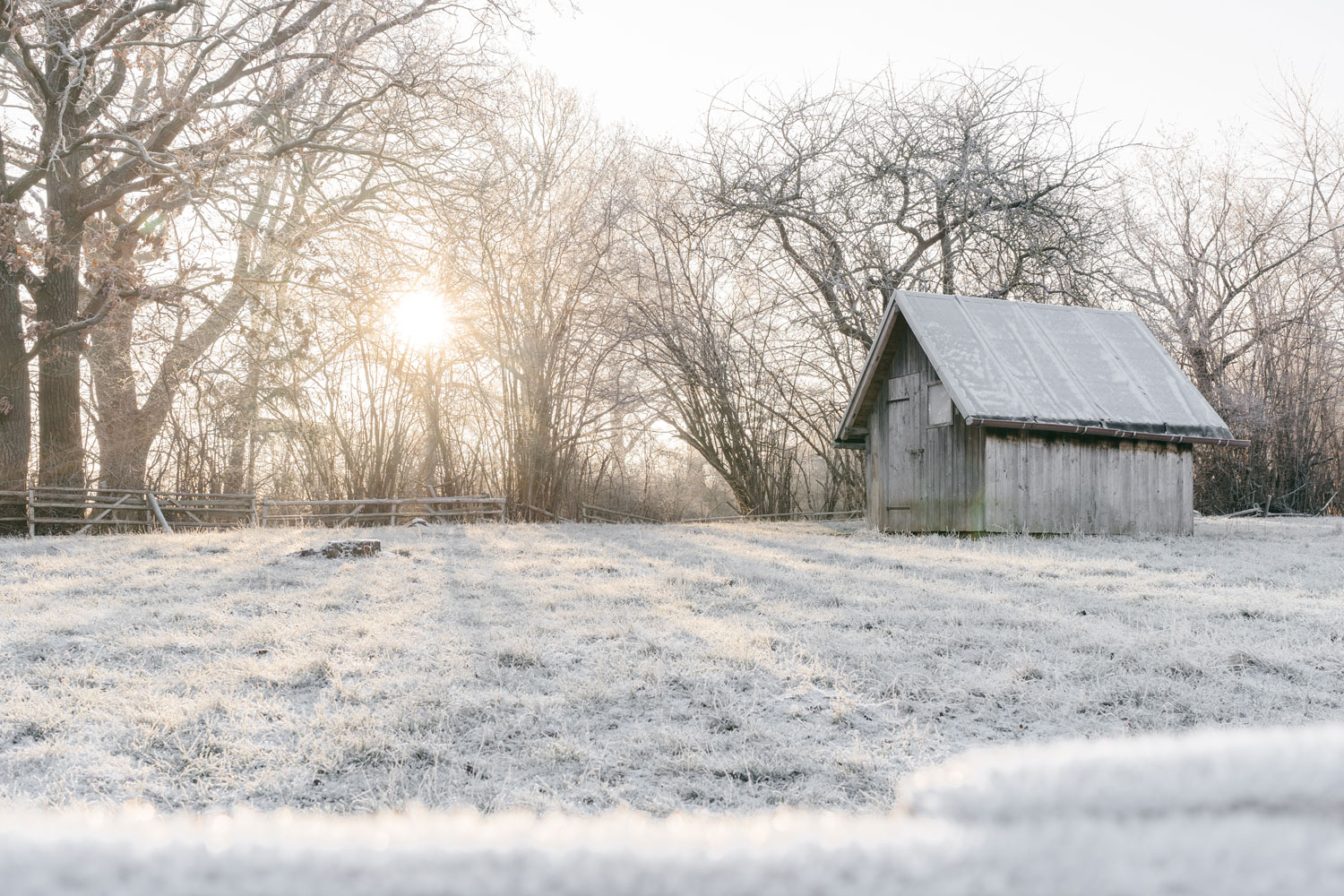 Winterlandschaft mit kleiner Holzhütte, die Sonne scheint im Hintergrund durch die Bäume