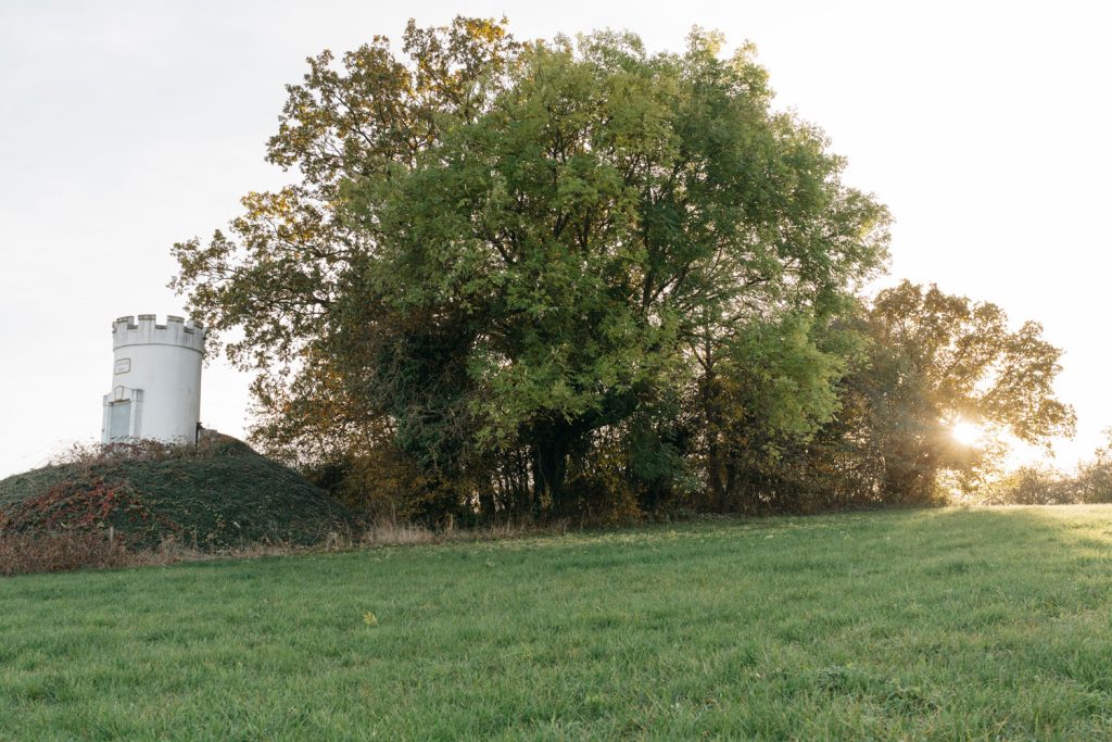 Weißer Wasserturm Löhma umgeben von grünen Bäumen und Wiese